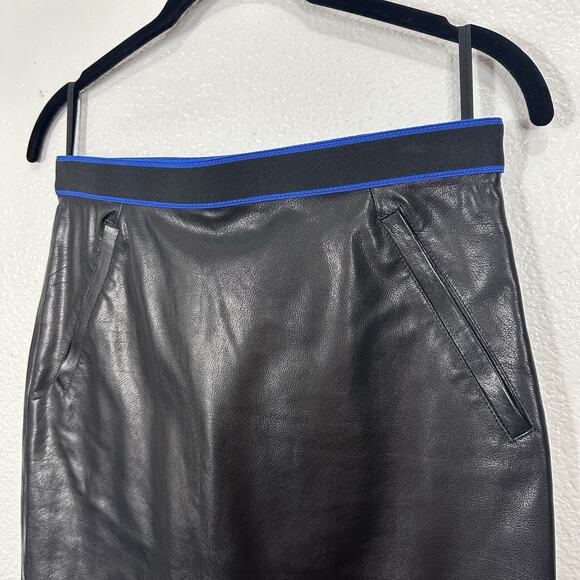 Miu Miu Black Leather Pencil Skirt 38 Blue Trim Italy Genuine Designer Midi Y2K - Picture 3 of 14